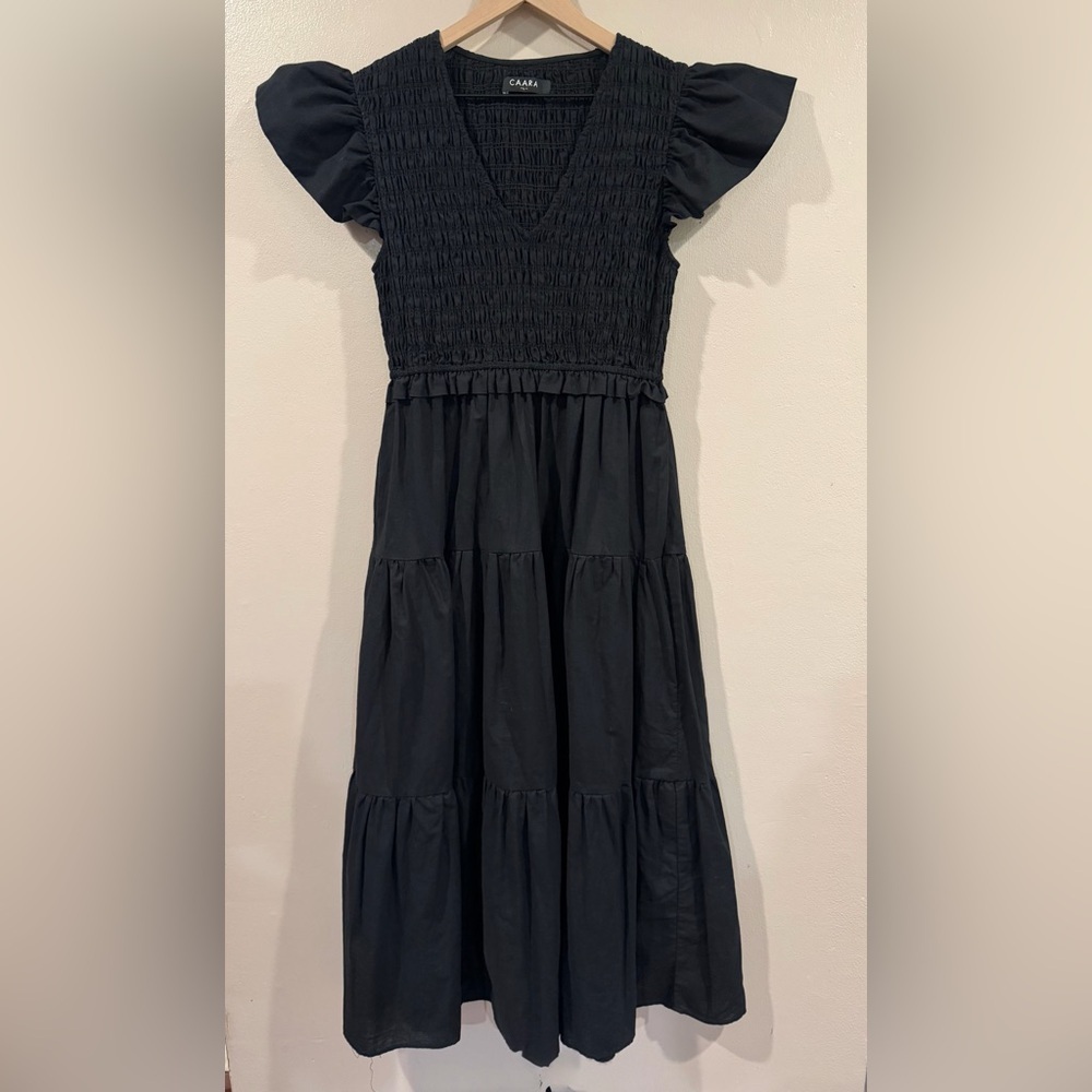Caara Black Smocked Strapless Tiered Maxi Dress EUC - Picture 3 of 5